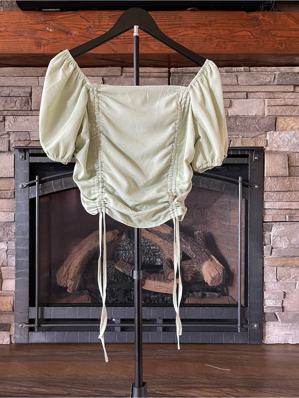 Sage Green Ruched Drawstring Puff Sleeve Crop Top Size Large